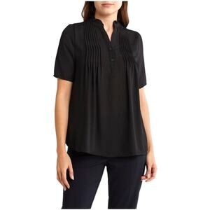 T Tahari Black Pintuck Split Neck Blouse M NWT – Workwear Office Chic